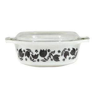 Vintage PYREX 1950s Black Tulip Print 1.5 quart Casserole Dish